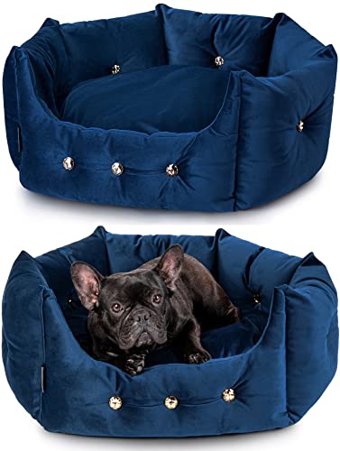 Nelke Europe Luxus Hundebett im Glamour Stil Navy-Blau Hundesofa für kleine und mittelgroße Hunde Kuscheliges Velour Haustierbett in handgemachter Premium-Qualität, HB1GM1121, M von NELKE
