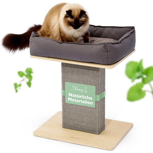 Nemmy Premium Kratzbaum klein grau | Stabiler Kratzstamm extra breit | Katzenbett mit Kissen | Katzenbaum große Katzen | Modern Holz Natur | Kratzsäule | Kratzstamm von Nemmy