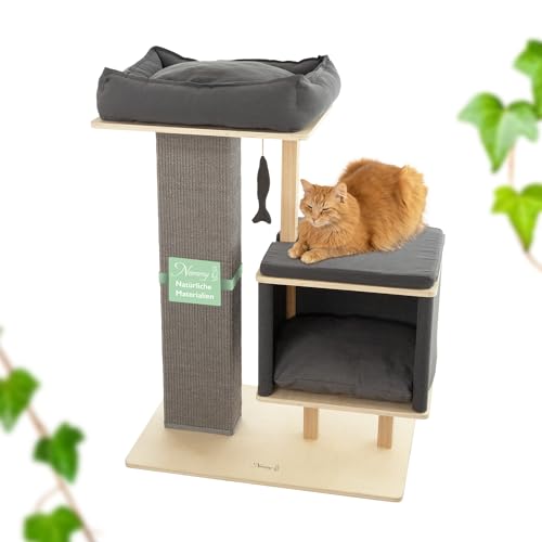 Nemmy Premium Kratzbaum mittel grau | Stabiler Kratzstamm extra hoch und breit | Katzenbett mit Kissen | Katzenhöhle große Katzen | Modern Holz Natur | Kratzsäule von Nemmy