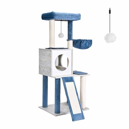 NeoCloud Moderner Katzenbaum mit Kratzbaum Holz Katzenturm Indoor Cat Condo Katzenhängematte, Steinblau von NeoCloud