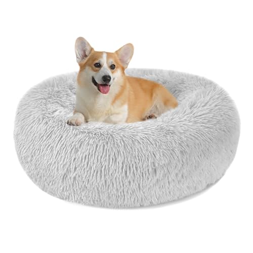 Hundebett Katzenbett Flauschig Rund aus Plüsch - Donut Kuscheliges Hundekissen Hundekorb Waschbar S/M/L/XL/XXL für Kleine, Mittelgroße und Große Hunde, Katzen und Andere Haustiere (L-60cm, Hellgrau) von Nepfaivy