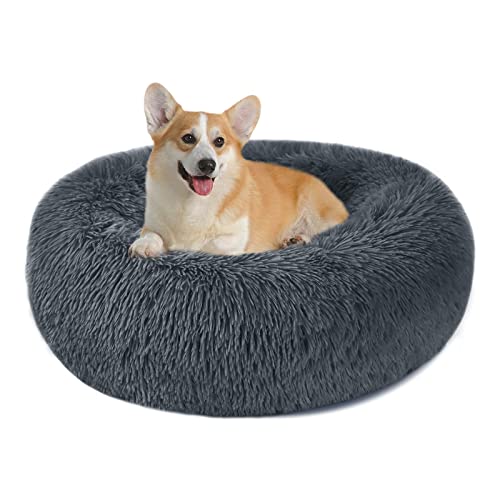 Hundebett Katzenbett Flauschig Rund aus Plüsch - Donut Kuscheliges Hundekissen Hundekorb Waschbar S/M/L/XL/XXL für Kleine, Mittelgroße & Große Hunde, Katzen und Andere Haustiere (L-60cm, Dunkelgrau) von Nepfaivy