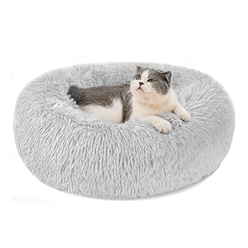 Hundebett Katzenbett Flauschig Rund aus Plüsch - Donut Kuscheliges Hundekissen Hundekorb Waschbar S/M/L/XL/XXL für Kleine, Mittelgroße und Große Hunde, Katzen und Andere Haustiere (S-40cm, Hellgrau) von Nepfaivy