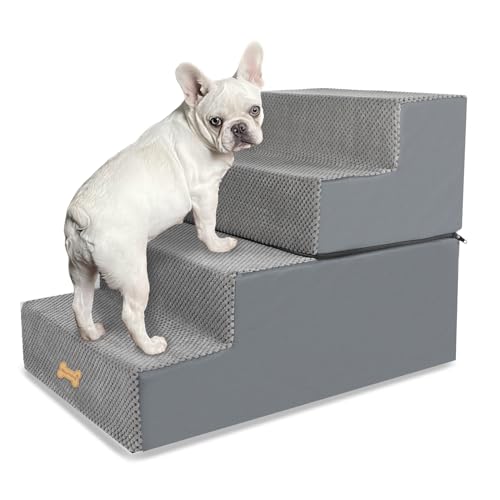 Nepfaivy Hundetreppe für Kleine Hunde 4-Stufig, Hundetreppe Hunderampe für Bett und Sofa aus Hochdichtem Schwamm, Haustiertreppe mit Abnehmbarem, Waschbarem Bezug und Rutschfestem Boden, 61x40x45cm von Nepfaivy