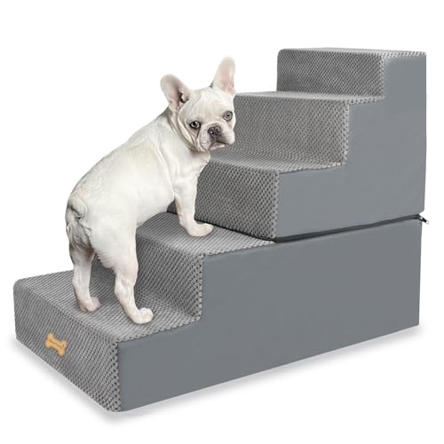 Nepfaivy Hundetreppe für Kleine Hunde 5-Stufig, Hundetreppe Hunderampe für Bett und Sofa aus Hochdichtem Schwamm, Haustiertreppe mit Abnehmbarem, Waschbarem Bezug und Rutschfestem Boden, 76x40x56cm von Nepfaivy