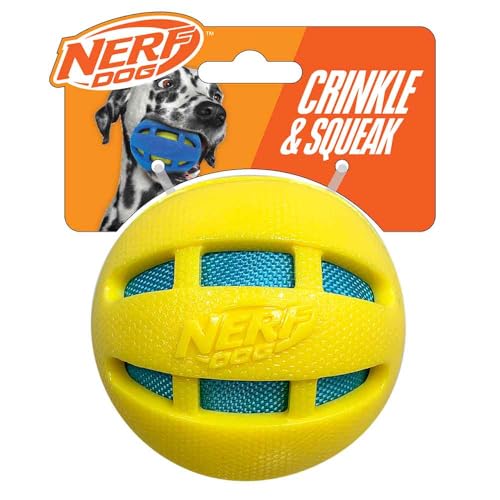 Nerf Dog Hundespielzeug, 9,7 cm, TPR Checker, Quietsch- und Crunch-Ball, Gelb mit Blauer Crunch-Tasche von Nerf Dog