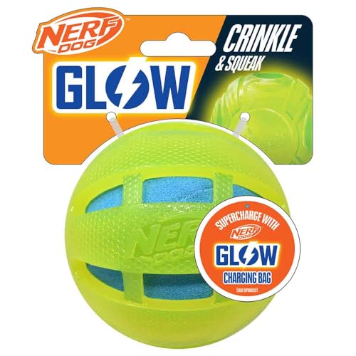 Nerf Dog Hundespielzeug, 9,7 cm, TPR Glow Checker, Quietsch- und Crunch-Ball, Grün mit hellblauer Crunch-Tasche von Nerf Dog