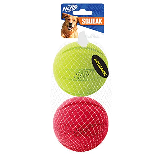 Nerf Dog Klassisches Ball-Hundespielzeug mit interaktivem Quietscher, leicht, langlebig und wasserabweisend, 9,5 cm, für mittelgroße und große Rassen, 2er-Pack, Grün und Rot von Nerf Dog