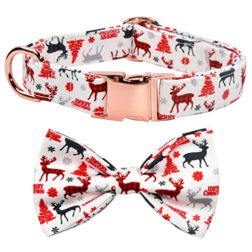 NestTimes Weihnachtliches Hundehalsband mit Hirsch- und Schnee-Motiv, abnehmbare Fliege, verstellbares Halsband für kleine, mittelgroße und große Hunde, Größe L (38,1-61 cm) von NestTimes