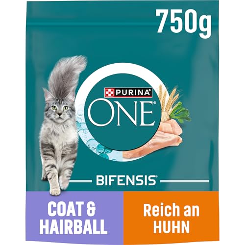 ONE BIFENSIS Coat & Hairball Katzenfutter trocken, reich an Huhn, 6er Pack (6 x 750g) von PURINA ONE