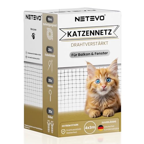 Netevo® Katzennetz für Balkon I Drahtverstärkt I Katzenschutznetz I inkl. Zubehör I 3 x 4m schwarz von Netevo