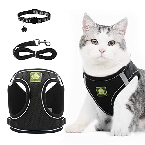 Katzengeschirr mit Leine, Katzengeschirr Leine Set mit Katzenhalsband, Ausbruchsicheres Verstellbares Weiches Katze Geschirr mit Katzenleine für Welpe Kleiner Hund Große Katzen (Schwarz, M) von NeuWee