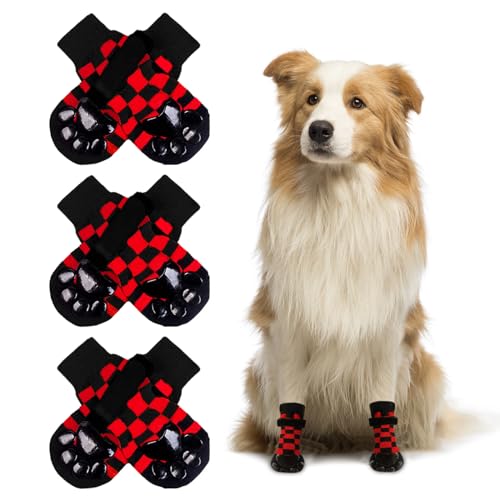 NeuWee 3 Paar Indoor Anti-Rutsch Socken für Hunde, Hundesocken Anti Rutsch, Weihnachtssocken für Hunde, Weicher Verstellbarer Pfotenschutz Hundesocken für den Innenbereich auf Hartholzböden (Rot, L) von NeuWee