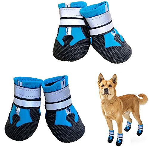 NeuWee Hundeschuhe, 4er-Set wasserdichte Hundeschuhe Anti-rutsch Hundestiefe mit reflektierendem Riemen, Regenschuhe Hundestiefel Pfotenschutz für Kleine Mittelgroße Große Hunde (XXL, Blau) von NeuWee