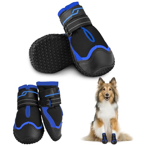 NeuWee Hundeschuhe Pfotenschutz, 2 Stück Wasserdicht Hundestiefel mit Reflektierenden Sohle und reflektierendem Klettverschluss für kleine, Mittelgroße und Große Hunde (Blau, 4#) von NeuWee