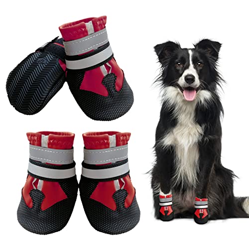 NeuWee Hundeschuhe Pfotenschutz, 4er-Set Wasserdicht Hundeschuhe mit Reflektierenden Riemen, Hundeschnee Stiefel Regenschuhe für Kleine, Mittelgroße und Große Hunde (M, Rot) von NeuWee