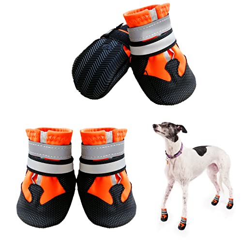 NeuWee Hundeschuhe, 4er-Set wasserdichte Hundeschuhe Anti-rutsch Hundestiefe mit reflektierendem Riemen, Regenschuhe Hundestiefel Pfotenschutz für Kleine Mittelgroße Große Hunde (L, Orange) von NeuWee