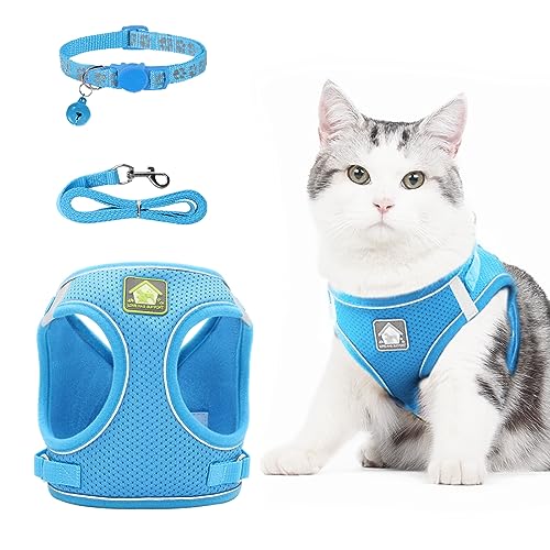 NeuWee Katzengeschirr mit Leine Ausbruchsicher, Katzengeschirr Leine Set mit Katzenhalsband, Katzenleine mit Geschirr für Katzen, Verstellbar Cat Harness für Kleiner Hund Große Katzen(L, Blau) von NeuWee