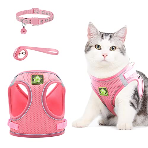 NeuWee Katzengeschirr mit Leine Ausbruchsicher, Katzengeschirr Leine Set mit Katzenhalsband, Katzenleine mit Geschirr für Katzen, Verstellbar Cat Harness für Kleiner Hund Große Katzen(L, Rosa) von NeuWee