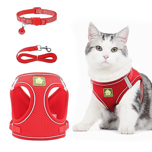 NeuWee Katzengeschirr mit Leine Ausbruchsicher, Katzengeschirr Leine Set mit Katzenhalsband, Katzenleine mit Geschirr für Katzen, Verstellbar Reflektierend Cat Harness für Kitten Hund(XS, Rot) von NeuWee