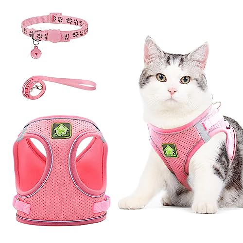 NeuWee Katzengeschirr mit Leine Ausbruchsicher, Katzengeschirr Leine Set mit Katzenhalsband, Katzenleine mit Geschirr für Katzen,Verstellbar Reflektierend Cat Harness für Mittlere Kitten Hund(S, Rosa) von NeuWee