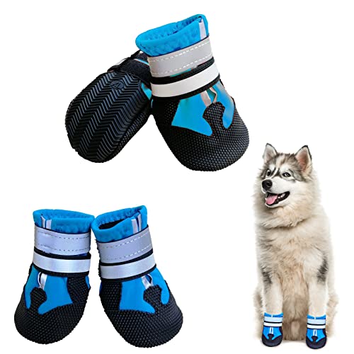 NeuWook Hundeschuhe, 4er-Set wasserdichte Hundeschuhe Anti-rutsch Hundestiefe mit reflektierendem Riemen, Breathable Hundestiefel Pfotenschutz für Kleine Mittelgroße Hunde (L, Blau) von NeuWook