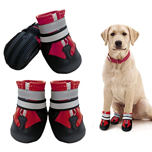 NeuWook Hundeschuhe, 4er-Set wasserdichte Hundeschuhe Anti-rutsch Hundestiefe mit reflektierendem Riemen, Breathable Hundestiefel Pfotenschutz für Kleine Mittelgroße Hunde (XL, Rot) von NeuWook