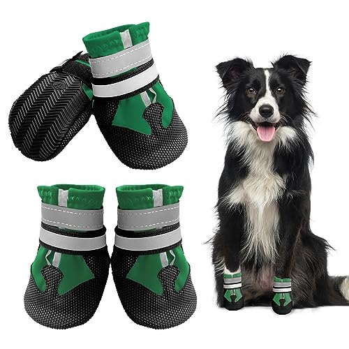 NeuWook Hundeschuhe, 4er-Set wasserdichte Hundeschuhe Anti-rutsch Hundestiefe mit reflektierendem Riemen, Breathable Hundestiefel Pfotenschutz für Kleine Mittelgroße Hunde (XL, Grün) von NeuWook