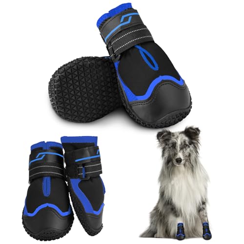 NeuWook Hundeschuhe Pfotenschutz, 4 Stück Leder atmungsaktiv Hundeschuhe mit Rutschfester Sohle und reflektierendem Klettverschluss, Hundestiefel Pfotenschutz für Kleine Mittelgroße Hunde, L von NeuWook