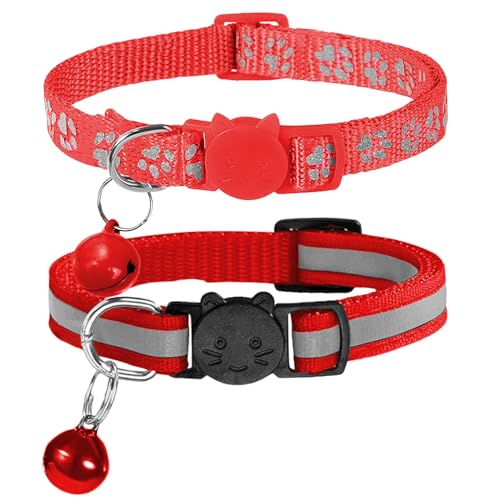 NeuWook Katzenhalsband, Katzen Tracker Halsband mit Glocke, 2 Stück Haustier Reflexhalsband, verstellbares wasserdichtes Haustier Tracker Halsband für Katzen, Welpen, Hunde, Kätzchen (Rot) von NeuWook