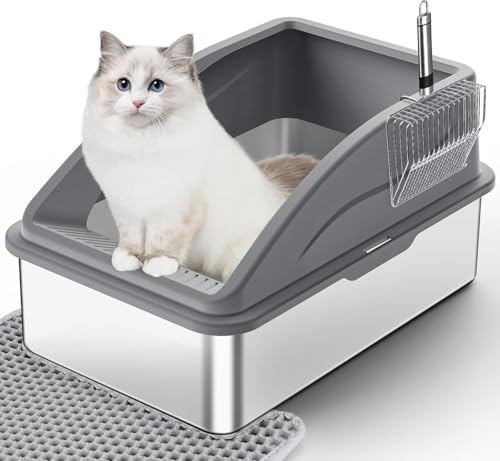 Katzenklo Edelstahl L, 50 x 35 x 30 cm Auslaufsichere Katzentoilette Edelstahl Große Kapazität mit Katzenstreuschaufel und Doppelschicht Matte, Halbgeschlossen Litter Box Katzenklo von Neulriscn