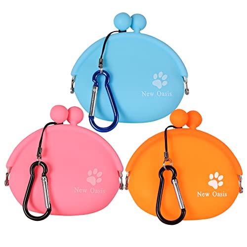 New Oasis Leckerli-Beutel für Hunde, 284 ml, wiederverwendbar, kleine Hunde-Snack-Tasche, Münzgeldbörse, Schlüsseletui aus Silikon, Blau und Rosa und Orange, 3 Stück von New Oasis