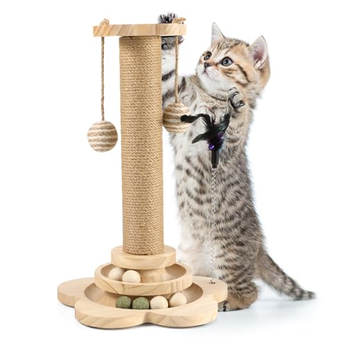 Newofview Kratzbaum für Katzen, 40cm Kratzpfosten Katzenkratzbaum Spielzeug mit Ball, Lagiger Drehteller, Federn, Sisalseil für Kratzbaum von Newofview