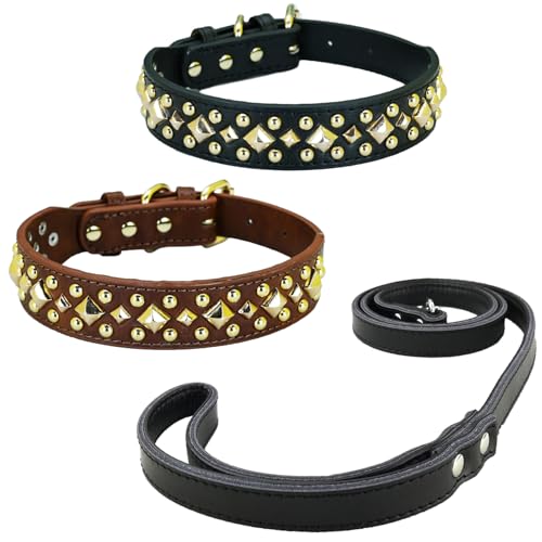 Newtensina 3 Stück Anti Bite Nieten Hundehalsband und Leine Welpenhalsband mit Gold Quadratische Spikes für kleine Hunde große Hunde - Schwarz - L von Newtensina