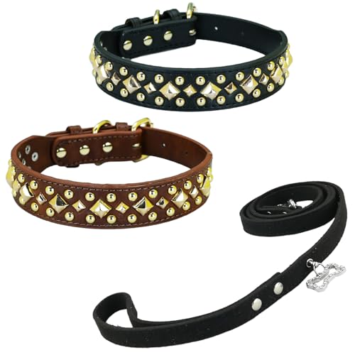 Newtensina 3 Stück Anti Bite Nieten Hundehalsband und Leine Welpenhalsband mit Gold Quadratische Spikes für kleine Hunde große Hunde - Schwarz - M von Newtensina