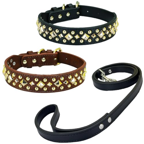 Newtensina 3 Stück Anti Bite Nieten Hundehalsband und Leine Welpenhalsband mit Gold Quadratische Spikes für kleine Hunde große Hunde - Schwarz - XL von Newtensina