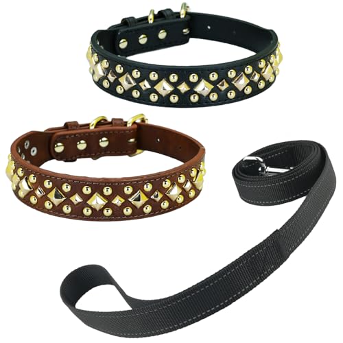 Newtensina 3 Stück Anti Bite Nieten Hundehalsband und Leine Welpenhalsband mit Gold Quadratische Spikes für kleine Hunde große Hunde - Schwarz - XS von Newtensina