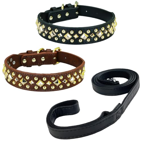 Newtensina 3 Stück Anti Bite Nieten Hundehalsband und Leine Welpenhalsband mit Gold Quadratische Spikes für kleine Hunde große Hunde - Schwarz - XS von Newtensina