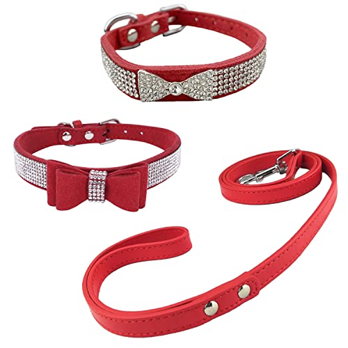 Newtensina 3 Stück Diamant Fliege Hundehalsband und Leine, Welpenhalsband mit Leinen für kleine Hunde – Rot – S von Newtensina