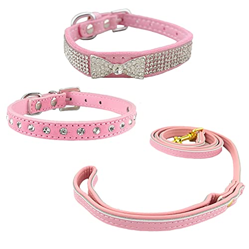 Newtensina 3 Stück Strass-Hundehalsband und Leine, Welpenhalsband mit Leinen für kleine Hunde – Rosa – XS von Newtensina