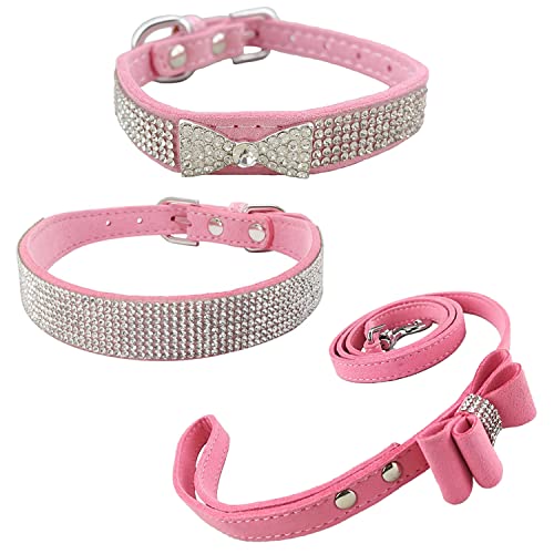 Newtensina 3 Stück Strass Hundehalsband und Leine, Welpenhalsband mit Leinen für kleine Hunde und Katzen – Rosa – XXS von Newtensina