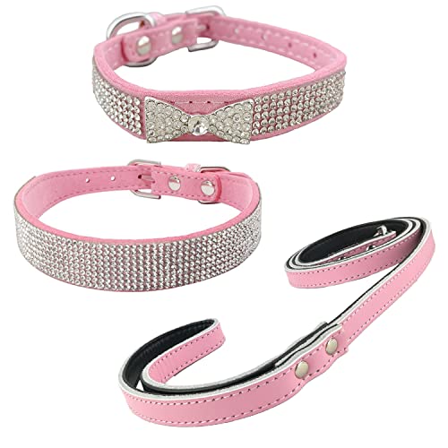 Newtensina 3 Stück Strasshalsband und Leine, Welpenhalsband mit Leinen für kleine Hunde und Katzen, Rosa – M von Newtensina