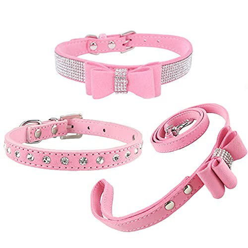 Newtensina 3 Stück stilvolle Hundehalsband und Leine Set süße Wildleder Bling Hundehalsband mit Fliege Welpen Kragen und Fliege Leine für kleine Hunde Katzen von Newtensina