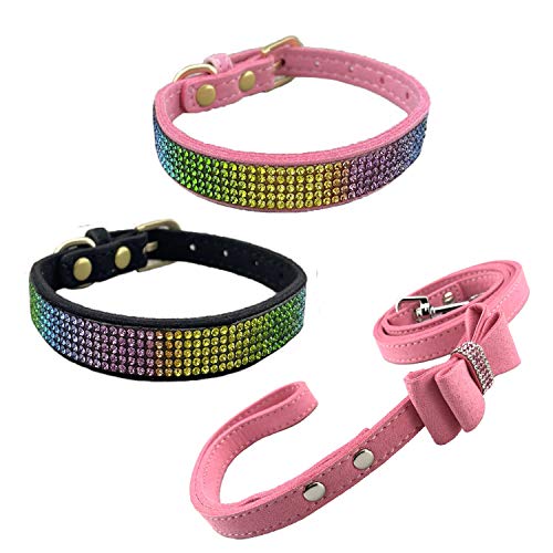 Newtensina 3 Stücke Bunt Diamant Hundehalsband und Leine Regenbogen Farbig Welpenhalsband mit Leinen für Kleine Hunde - PinkBlack - S von Newtensina