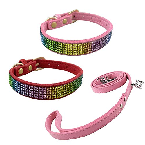 Newtensina 3 Stücke Bunt Diamant Hundehalsband und Leine Regenbogen Farbig Welpenhalsband mit Leinen für Kleine Hunde - PinkRed - M von Newtensina