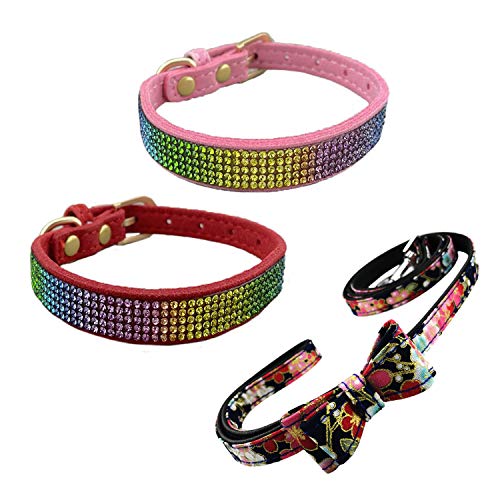 Newtensina 3 Stücke Bunt Diamant Hundehalsband und Leine Regenbogen Farbig Welpenhalsband mit Leinen für Kleine Hunde - PinkRed - M von Newtensina