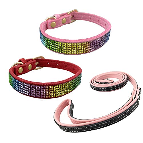 Newtensina 3 Stücke Bunt Diamant Hundehalsband und Leine Regenbogen Farbig Welpenhalsband mit Leinen für Kleine Hunde - PinkRed - S von Newtensina