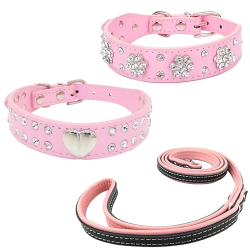 Newtensina 3 Stücke Hundehalsband und Leine Set Diamanti Blume Herz Hundehalsband mit Leine für kleine Hunde - Rosa - M von Newtensina