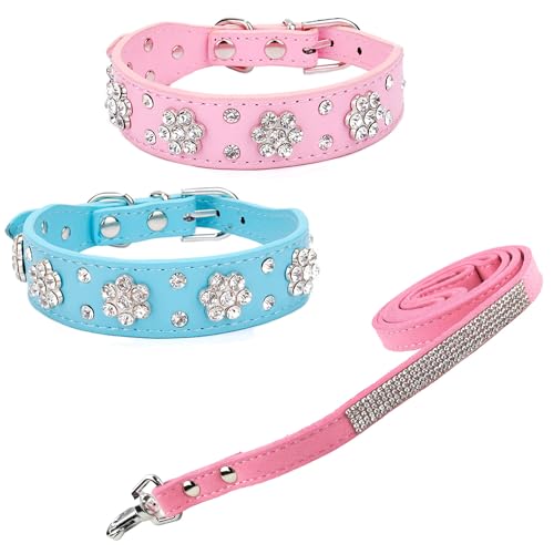 Newtensina 3 Stücke Hundehalsband und Leine Set Diamanti Blume Hundehalsband mit Leine für kleine Hunde - RosaBlau - XS von Newtensina