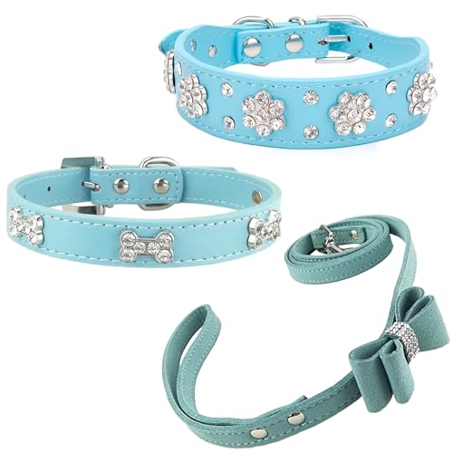 Newtensina 3 Stücke Hundehalsband und Leine Set Diamanti Blume Knochen Hundehalsband mit Leine für kleine Hunde - Blau - XS von Newtensina